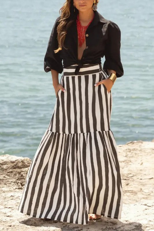 Striped Flowy Midi Skirt | Women's Coastal Vacation Skirt.