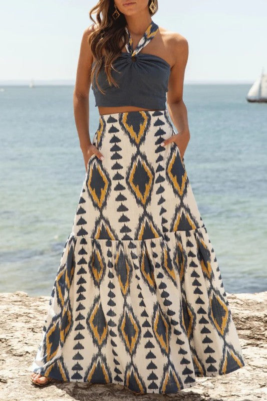 Yellow/Blue Pattern Flowy Midi Skirt | Women's Coastal Vacation Skirt.