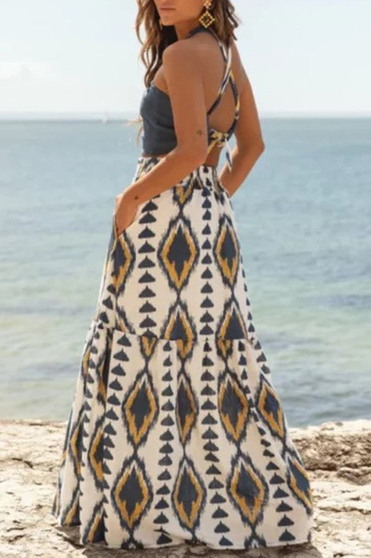 Yellow/Blue Pattern Flowy Midi Skirt | Women's Coastal Vacation Skirt.